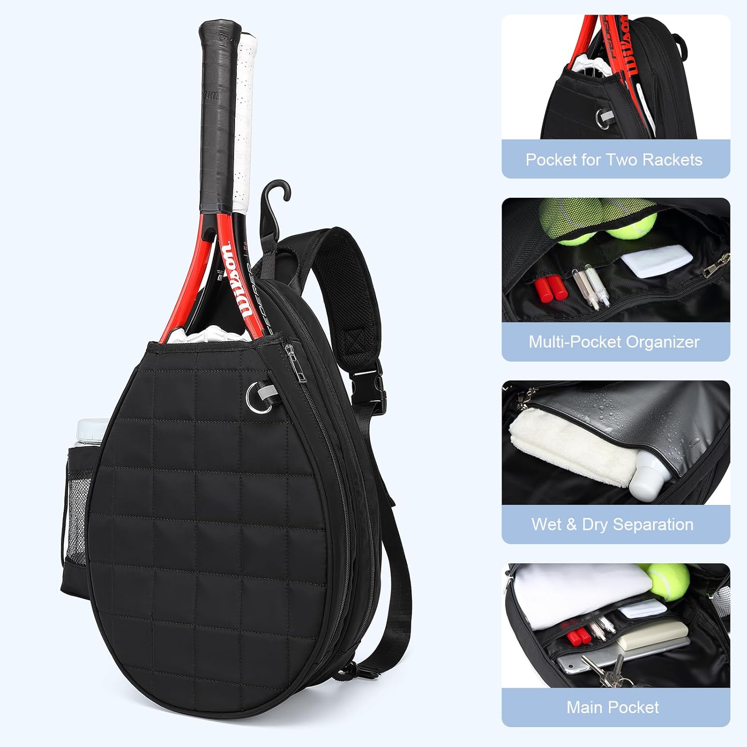 Quilted Tennis Backpack for 2 Rackets, Sleek Waterproof Sling Bag with Security Pocket for Tennis, Pickleball & Padel, Crossbody Sport Bag for Men & Women