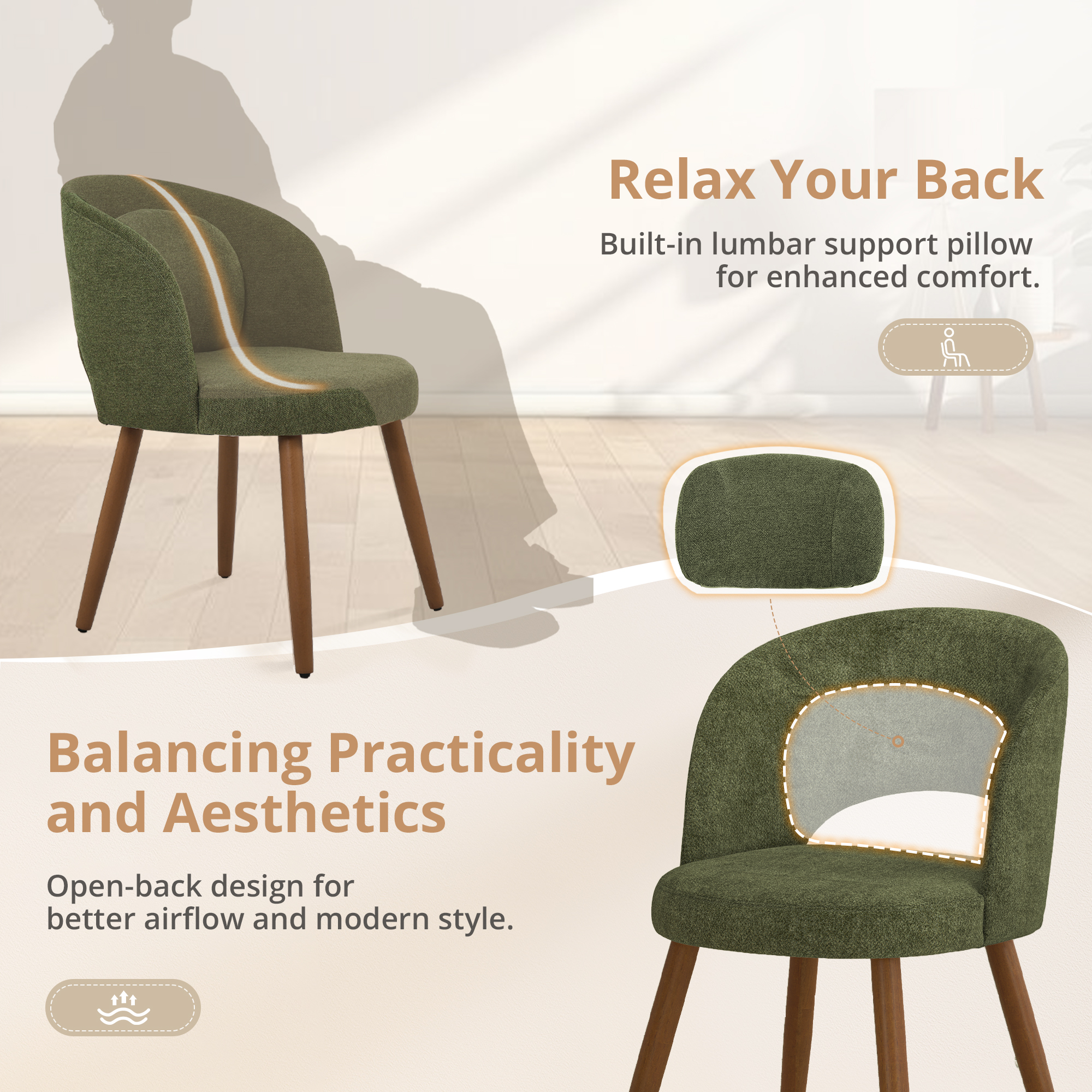 Dycanpo Upholstered Dining Chairs Set of 4, Wooden Dining Side Chairs with Curved Backrest & Individual Back Cushion, Green