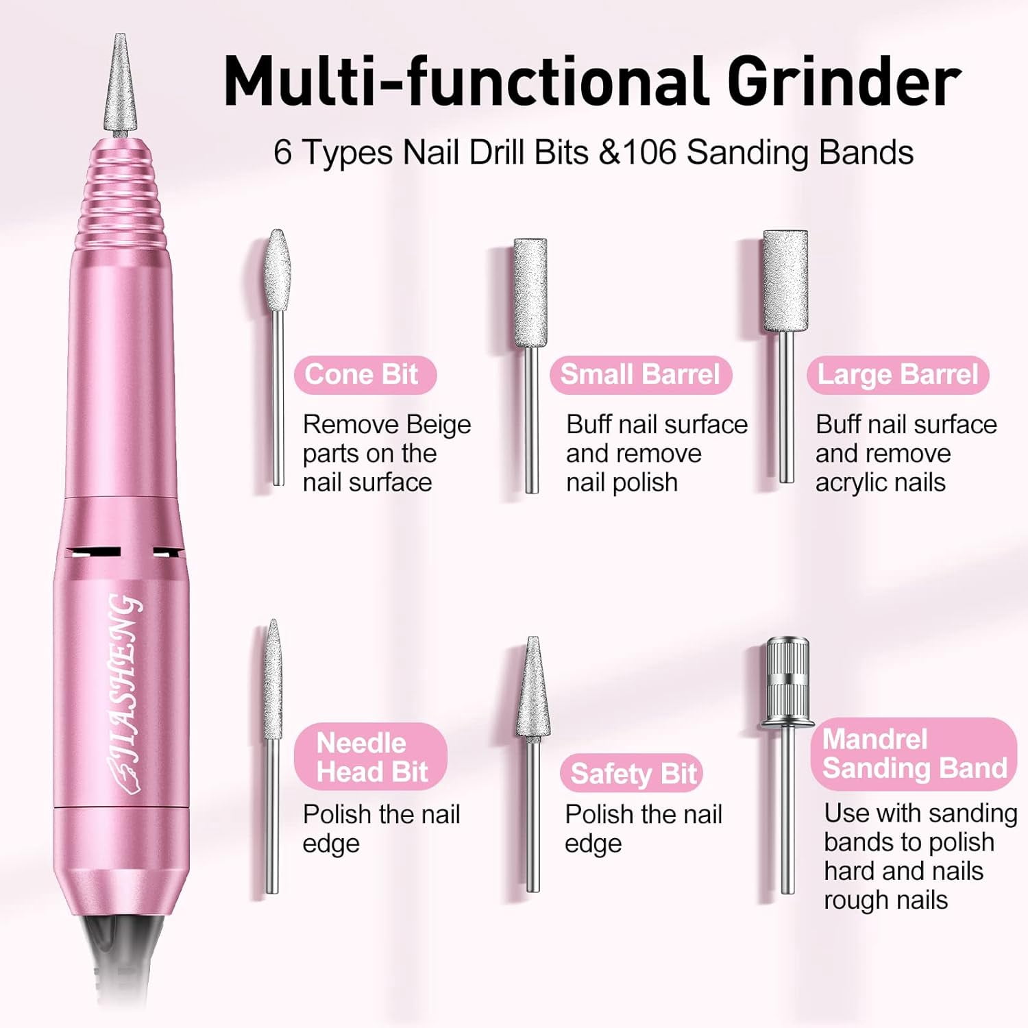 Professional Electric Nail Drill 20000RPM - Nail File Drill Kit for Acrylic & Gel Polish - Manicure Pedicure Drill with 6 Bits & 100 Bands - Low Noise Nail Drill Machine for Salon & Home