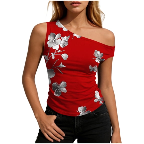 WRKEKC Summer Tank Tops for Women Floral Off Shoulder Slim Fit Sleeveless Casual Top with Ruffled Hem and Cropped Length