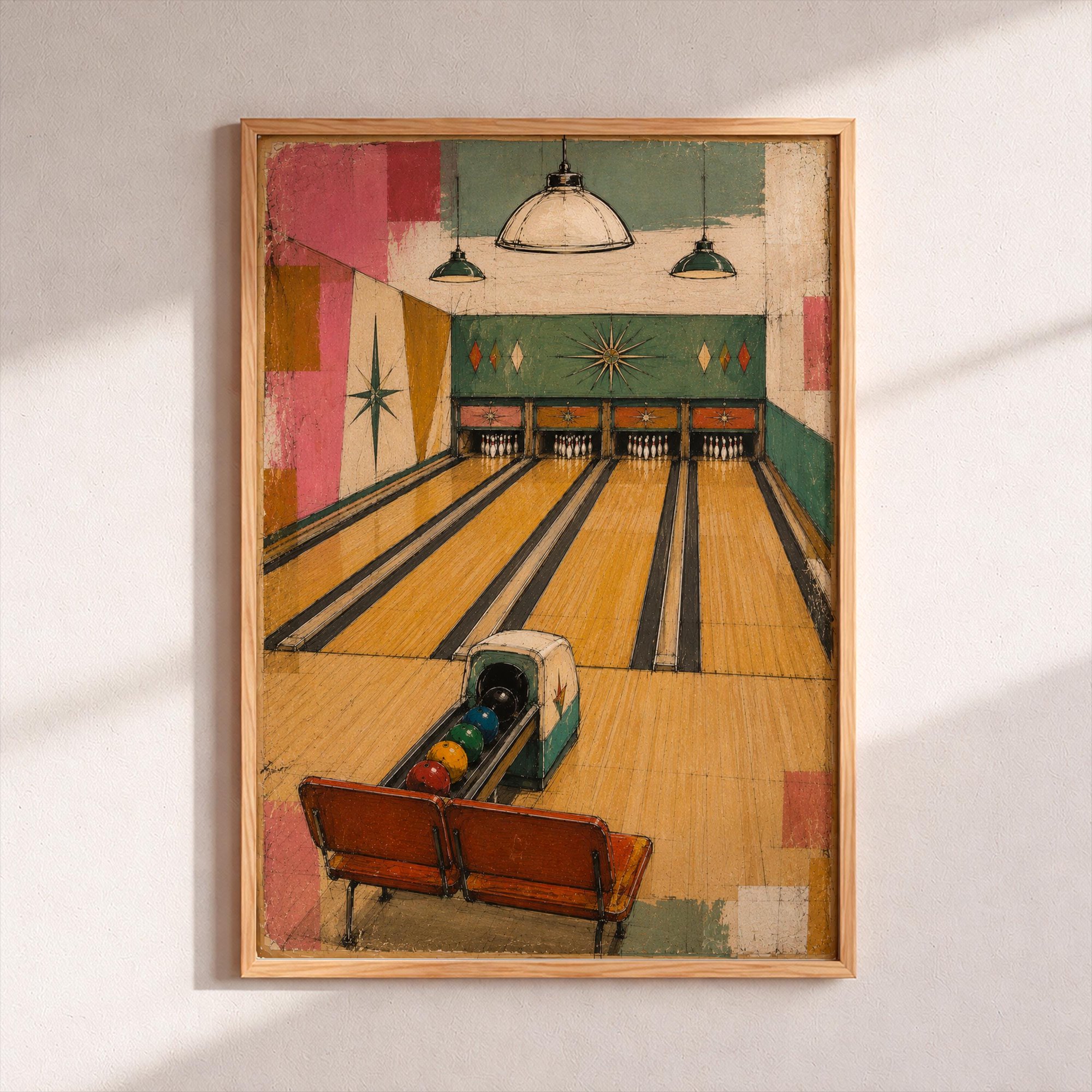 Mid Century Bowling Alley Retro Atomic Art Game Room Decor Vintage Print Teal Pink Starburst Nostalgic Bowler Gift