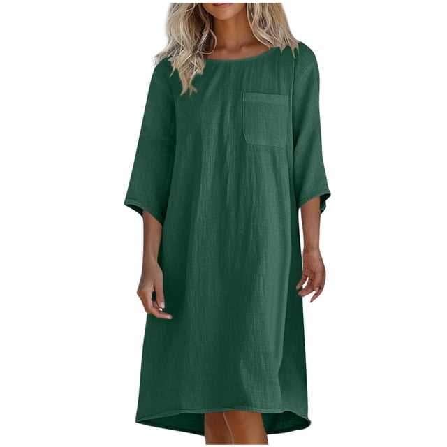 Liquidation d'Été 2025! Robe pour Femme Grande Taille, Liquidation de Robes d'Été pour Femmes, Robe d'Été Décontractée pour Femme à Col Rond, Manches 3/4, Unie, de Plage, avec Poches