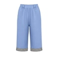 thumbnail image 5 of VBVC Women's Cotton Linen Striped Cuffs Capri Pants , Wide Leg Summer Trousers For Women , Ladies' Knee Length Shorts with Pockets, *Blue , Large, 5 of 5