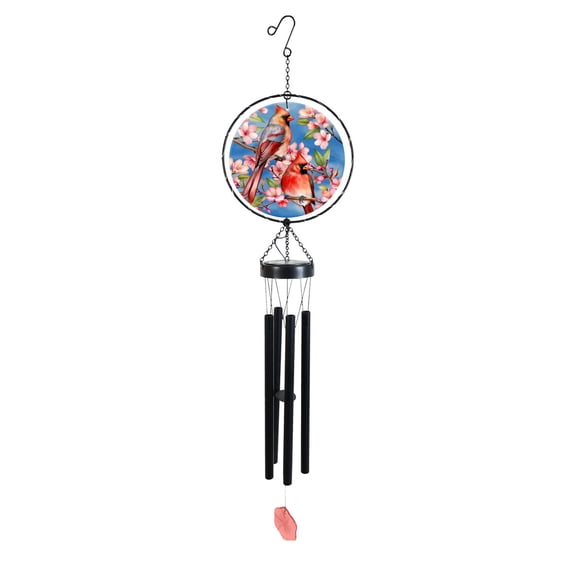 Briarwood Lane Spring LED Illuminated Solar Powered Glass Suncatcher  Wind Chime 37x8 Cherry Blossom Cardinal For Spring Wind Chime For Outdoors Melodic Metal Windchimes Wind-Chimes
