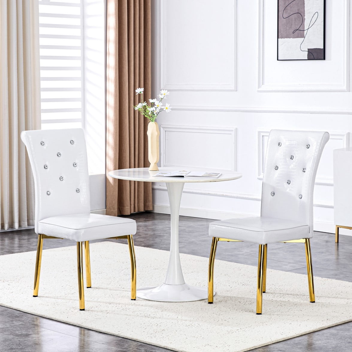 Set of 2 Retro Dining Chairs, Faux Alligator-Textured PVC Leather Upholstered Chairs with Crystal Button Details & G