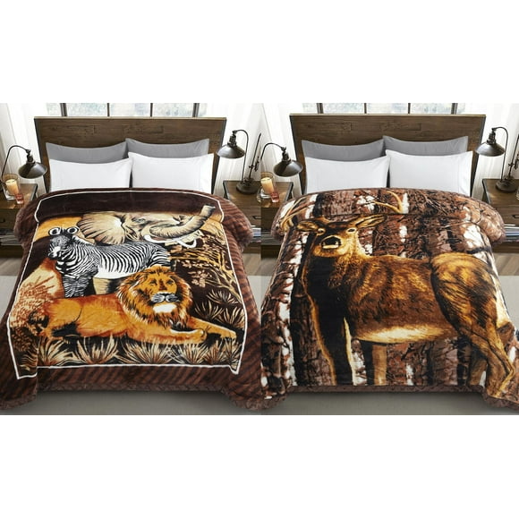 Marina Decoration Reversible 8 LB Oversized Heavy Woven Fluffy Plush Soft Warm Korean Style Mink 2 Ply Rich Printed Animal Flannel Fleece Throw Raschel Blanket, 78 x 86 Inch Deer Safari Pattern