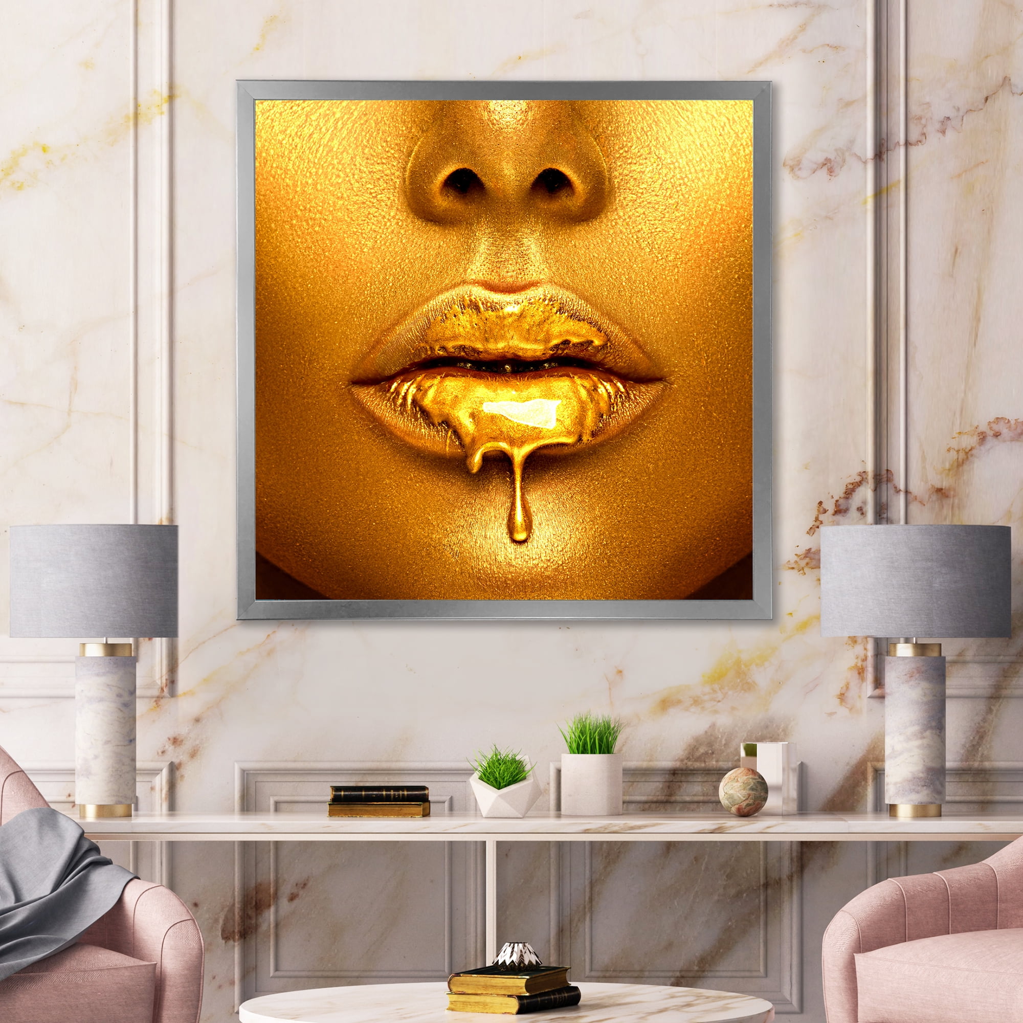 Designart 'Gold Paint Drips From Sexy Girl Lips' Modern Framed Art Print