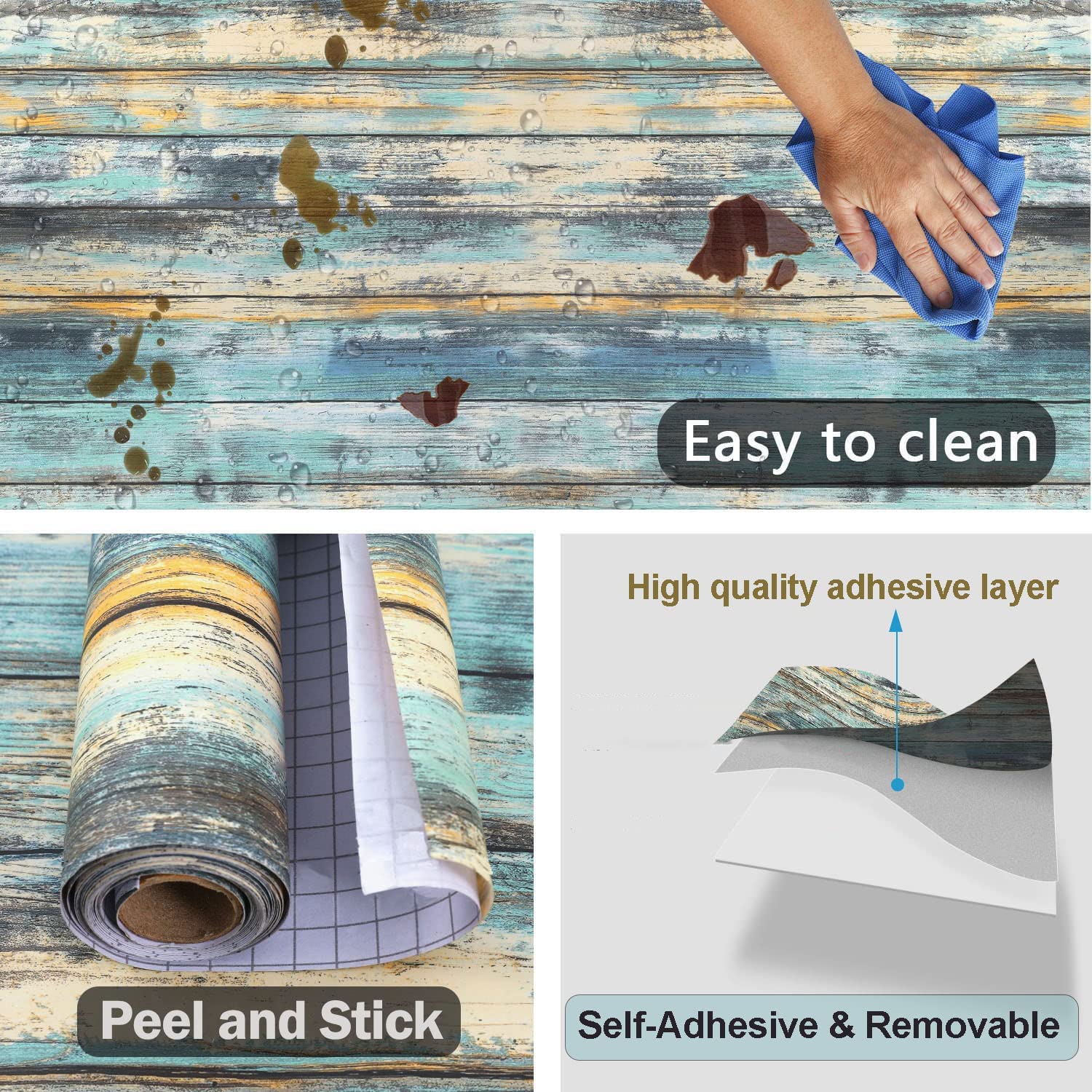 Wood Contact Paper - 15.7"x236" Self-Adhesive and Removable Wood Wallpaper Peel and Stick - Blue Distressed Wood Grain Contact Paper for Cabinets - Waterproof Stick on Wall Paper