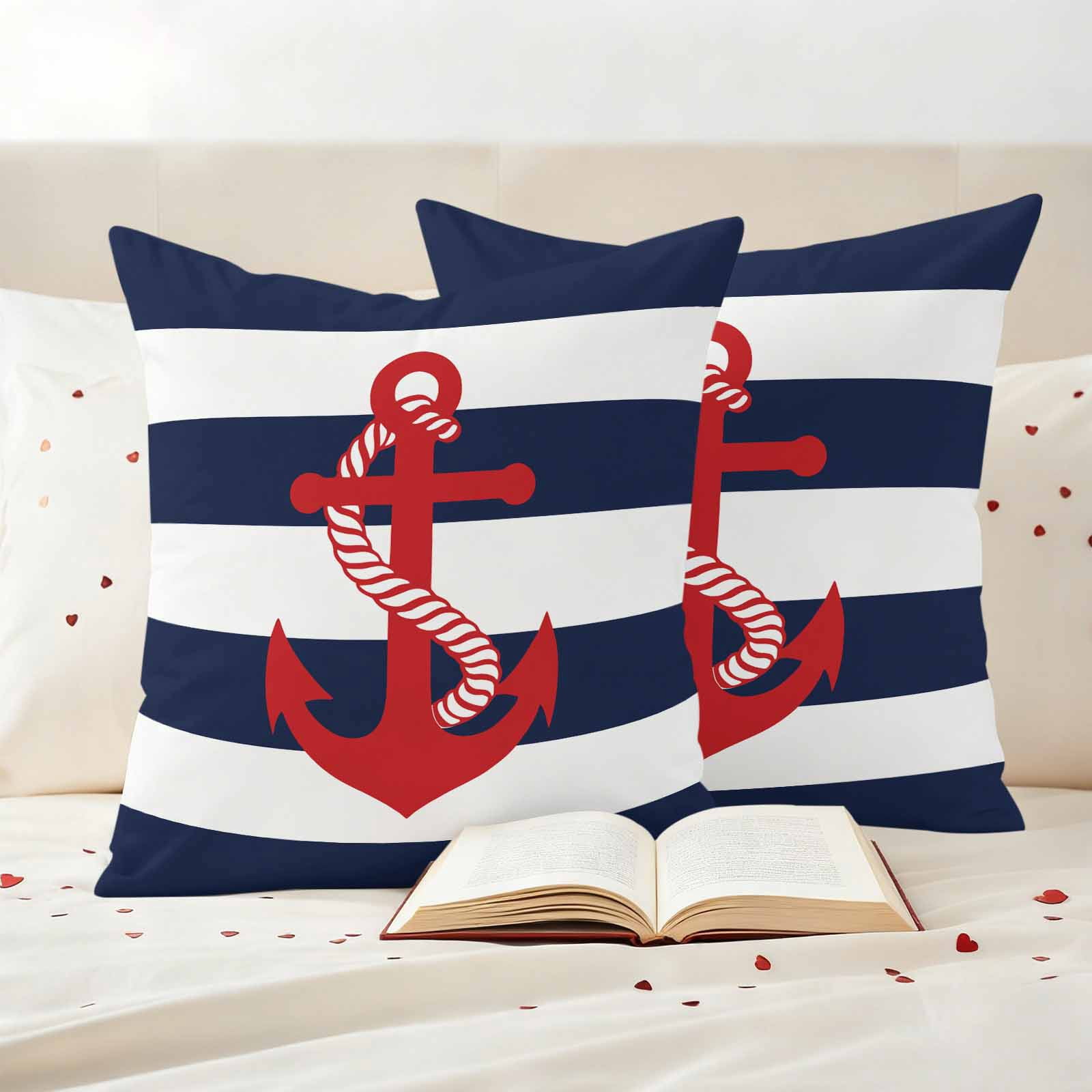 Outdoor Pillow Covers Pack of 2, Nautical Anchor Navy Blue Waterproof Throw Pillowcase Cushion Cases, Summer Ocean Coastal Style Decorative Pillow Cover for Couch Sofa Home Bed Patio