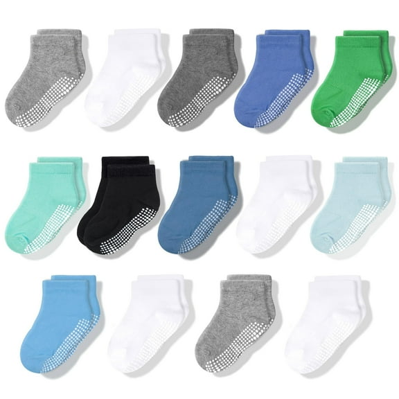 CozyWay Boy Socks With Grippers - Non Slip Low Cut Grip Socks for Boys Ages 1 Year and Up - Soft Comfy Cotton - Multi Color Blue - 14 Pack