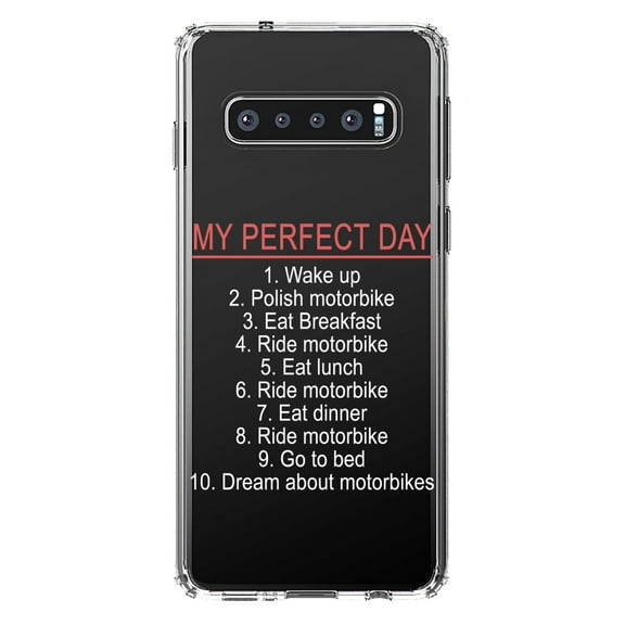 DistinctInk Clear Shockproof Hybrid Case for Samsung Galaxy S10 (6.1" Screen) - TPU Bumper Acrylic Back Tempered Glass Screen Protector - My Perfect Day - Motorbike Motorcycle