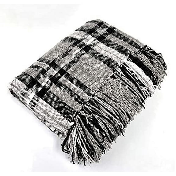Fennco Styles Chenille Woven Plaid Tassel Throw Blanket 50" W x 60" L - Grey Soft Blanket for Bed, Couch, Sofa, Home, Office and Holidays Décor