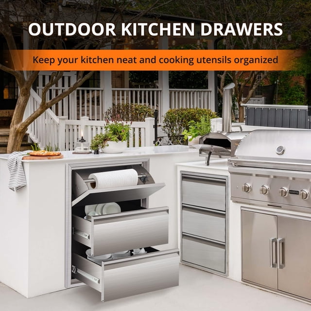 Tiroir de Cuisine Extérieur en Acier Inoxydable 304 de Qualité Supérieure avec Porte-Essuie-Tout - Simple Couche, Résistant aux Intempéries, Rangement à Fermeture en Douceur pour Îlot de Barbecue Ou Patio - Taille : 17 Pouces L x 11.25 Pouces H x 8.75 Pouces P