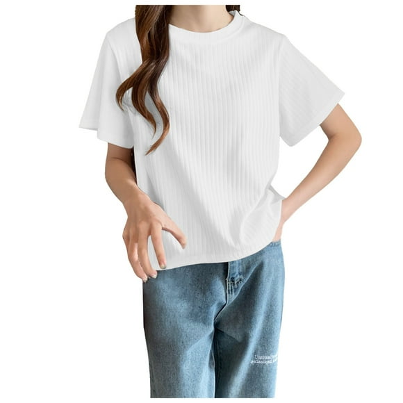 TSADFHJI Mock Turtle Neck Tops for Women Plus Size Summer T Shirt Korean Style Trendy Six Color Strip Short Sleeved T Shirt M White