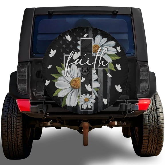 Lotusprinthandmade Christian Faith Daisy Spare Tire Cover With Backup Camera Hole 6 Sizes (31 in.), Floral US Flag Wheel Protector for Car