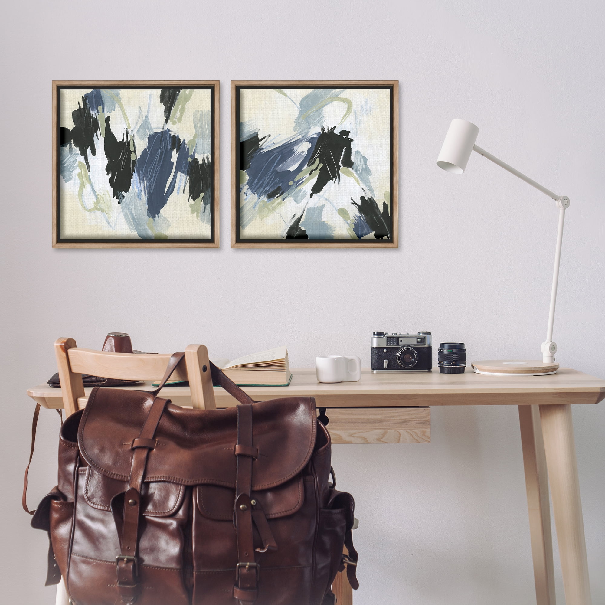 Stupell Industries Muted Blue Green Abstract Patches Abstract Painting Brown Floater Framed Canvas Art Print Wall Art, 18 x 18, Set of 2
