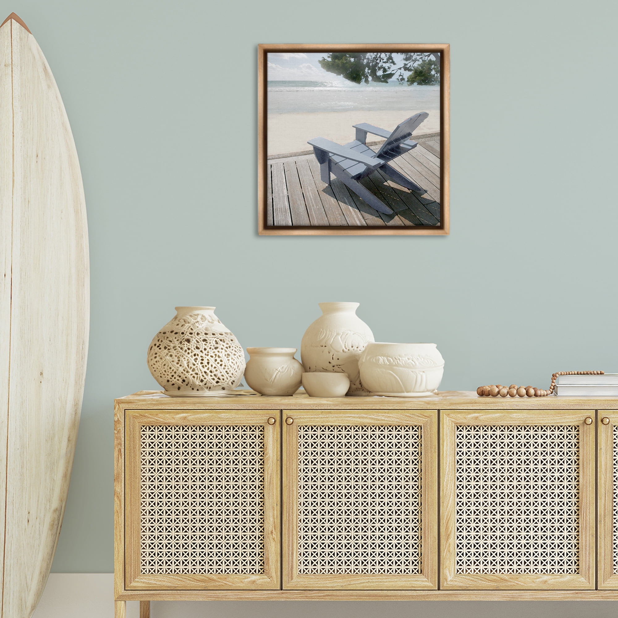 Stupell Industries Greek Chair Beach Landscape Landscape Painting Brown Floater Framed Canvas Art Print Wall Art, 25 x 25