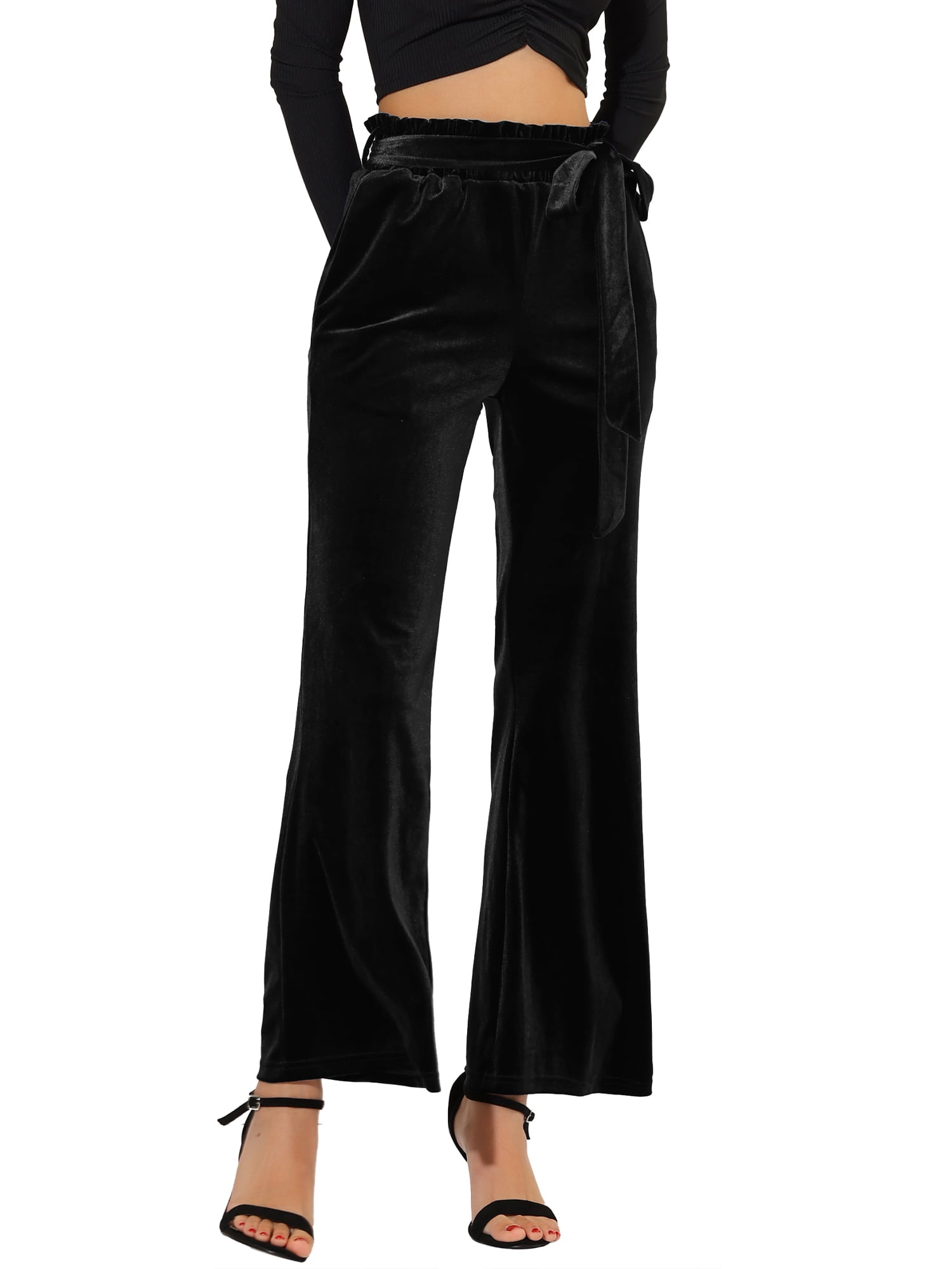 DARING DIVA Women's Velvet Tie Waist Wide Leg Stretchy Pants Trousers XS Black