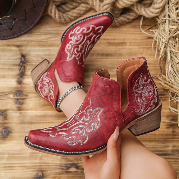 PiGOGI Women's Embroidered V Cut Ankle Boots Block Heel Mid Heel Western Style for Trendy Red 9.5