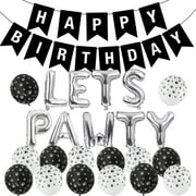 Pet Birthday Party Decorations for Puppy Dog, Silver Black Lets Pawty Foil Balloon Banner & Happy Birthday Banner with Paw Printed Black and White Balloons for Dog Birthday Party Supplies