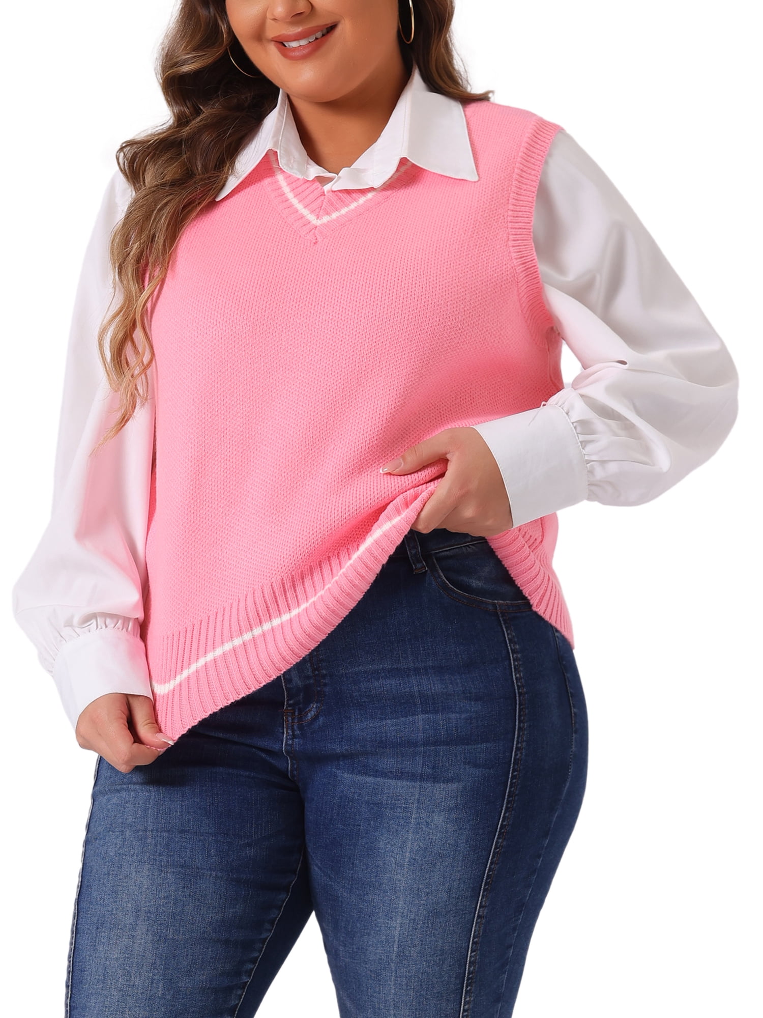 DARING DIVA Women's Plus V Neck Stripe Cable Knit Pullover Sweater Vest 4X Pink