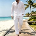 thumbnail image 6 of Miqool Mens 2 Piece Outfits Linen Stand Collar Long Sleeve Shirt Loose Workwear Pants Matching Set Casual Loungewear Tracksuit S‑3XL, 6 of 8