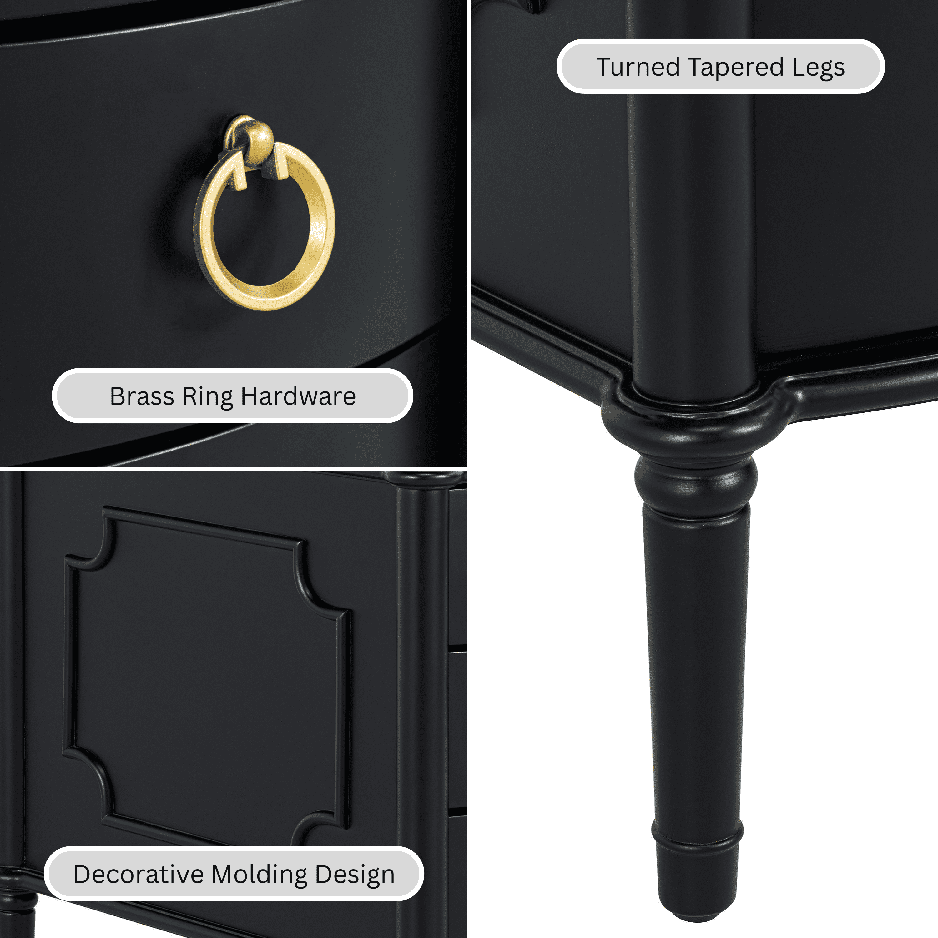 Furniture of America Ivera Modern Wood 3-Drawer Nightstand with Tapered Legs, Black