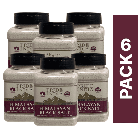 Pride Of India - Pack of 6 - Himalayan Black Salt Kala Namak, Extra Fine, 1 lb Dual Sifter Jar, Great for Vegan Cooking