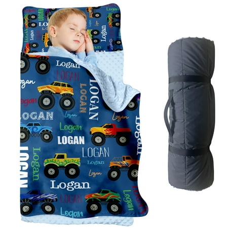 AOLOA Personalized Toddler Nap Mat Truck Theme with Big Wheels Custom Name Blue Sleeping Bag Blanket for Boys and Girls Great for Kindergarten Daycare Home & Travel