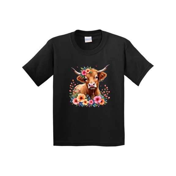 Inktastic Cute Highland Cow with Roses Floral Scottish Farm Western Youth T-Shirt