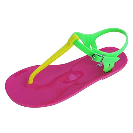 Yellow Ankle Strap - Yellow Green Fuchsia Color Block T-Strap Ankle Strap Jelly Flats Sandals Ian 6
