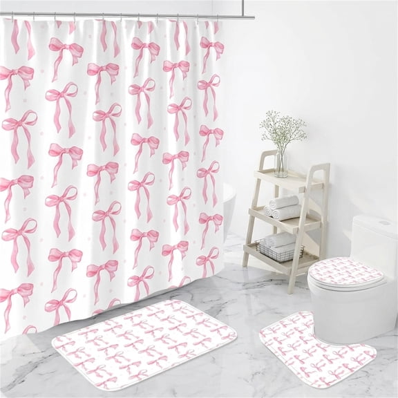 NOGIS Pink Bow Shower Curtain Sets 4 Pcs for Girls Coquette Bow Bath Curtain Set with Shower Curtain,Non-Slip Rug,Toilet Lid Cover, Bath Mat and 12 Hooks Pretty Modern Aesthetic Bathroom Decor