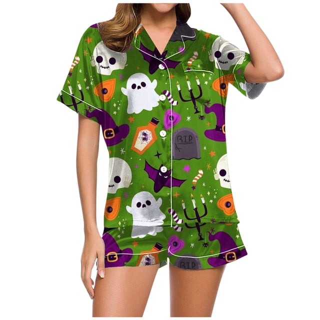 Fgnfyis Ensemble de Pyjama Décontracté Imprimé pour Femmes et Shorts Pyjama d'Halloween Femmes Vert_002 L
