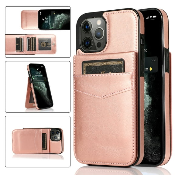 Feishell Fit for iPhone 14 Pro Max Phone Case with ID Credit Card Slots,Shockproof Premium PU Leather Magnetic Buckle Vertical & Horizontal Kickstand Back Flip Wallet Protective Phone Cover,Rosegold
