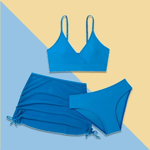 Girls Swimsuits Set 3 Piece Tankini Set with Skirt Cover up Solid Girl Bathing Suit 10-12