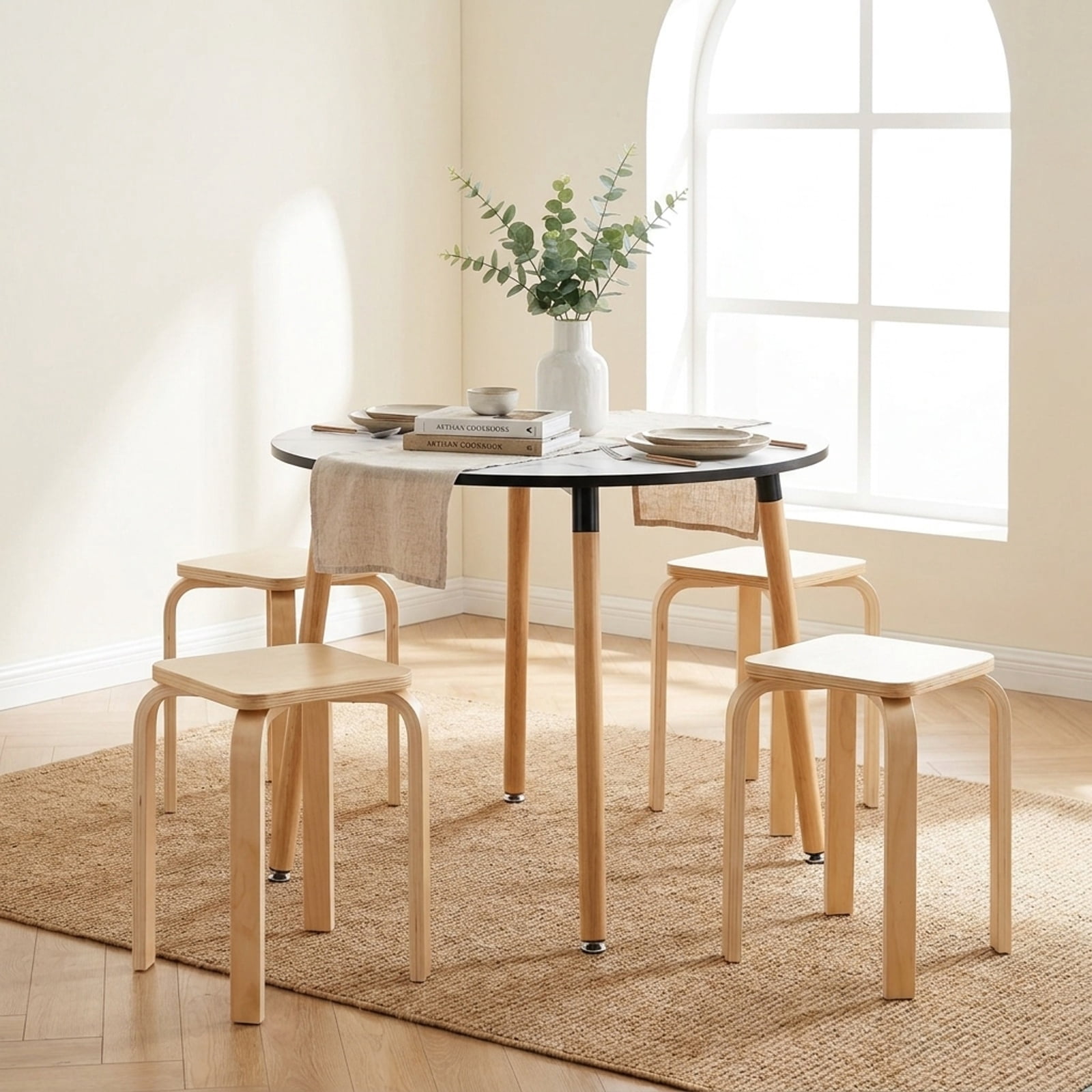 Furnibear Stackable Wood Stools Set of 4 with Square Top and Rounded Corners in Natural