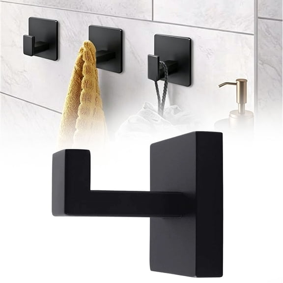 Bath Towel Hooks Matte Black, Stainless Steel Robe Coat and Clothes Hook, Heavy Duty Wall Hook for Bathroom & Kitchen, Modern Square Style Wall Mounted (Black)