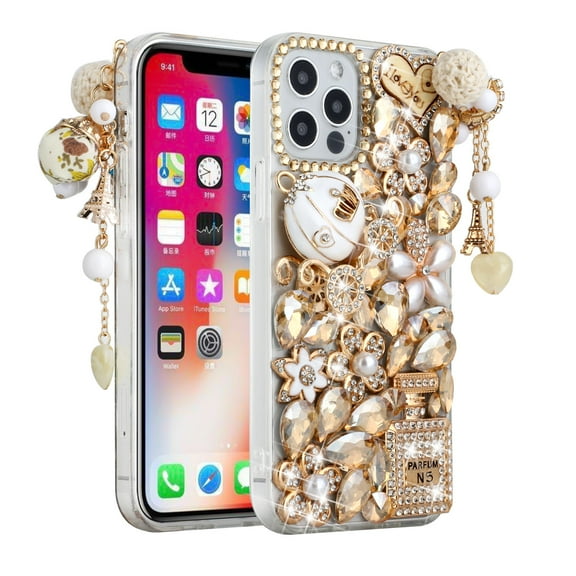 Designed for Apple iPhone 15 Pro Max (6.7") Bling Crystal 3D Full Diamonds Luxury Sparkle Rhinestone Hybrid Protective Phone Case Cover [Ultimate Multi Ornament Gold]