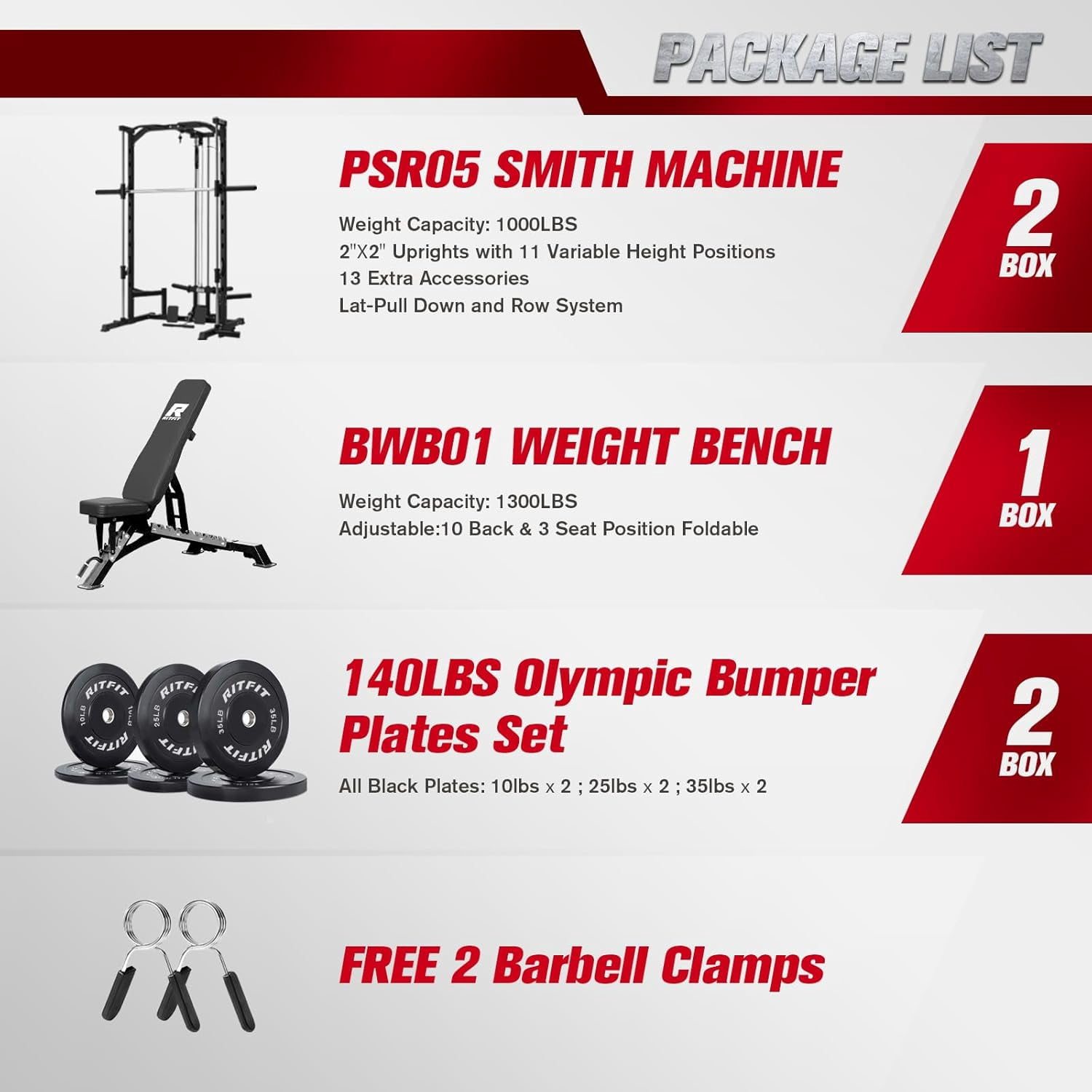 RitFit Smith Machinefor Home Gym, Power Cage Weight Half Rack Weight Lift with LAT-Pull Down System, Landmine (Smith Machine (with Weight Bench and Bumper Plates 140 LBS))