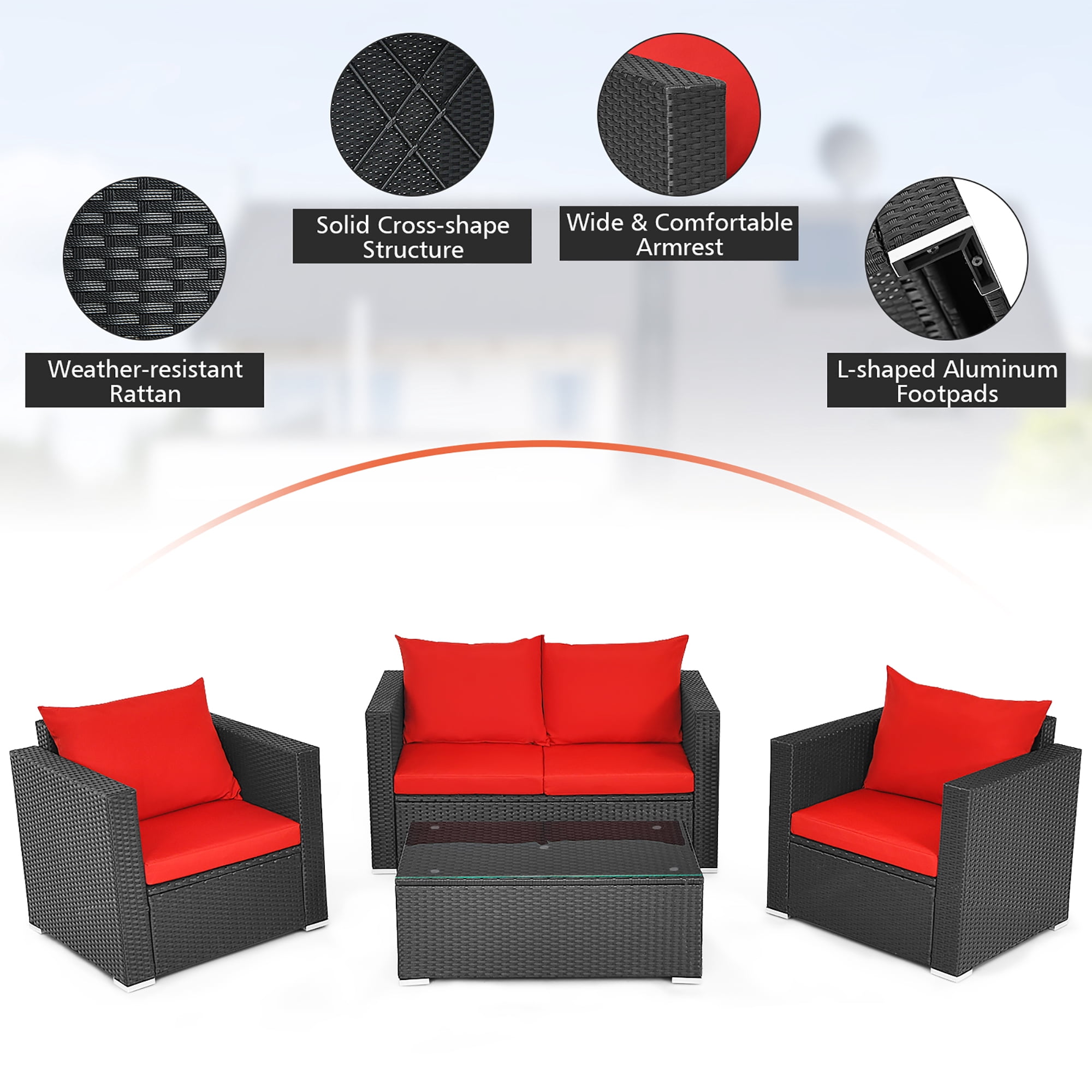 Costway 4PCS Patio Rattan Furniture Set Cushioned Sofa Chair Coffee Table Garden Red