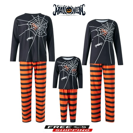 

Matching Family Halloween Pajamas Long Sleeve Spider Web Print T-shirt + Striped Pants