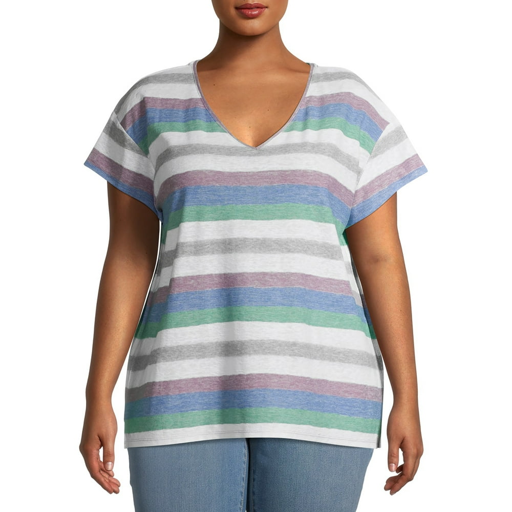 Terra & Sky - Terra & Sky Plus Size Striped V-Neck T-Shirt with Short ...