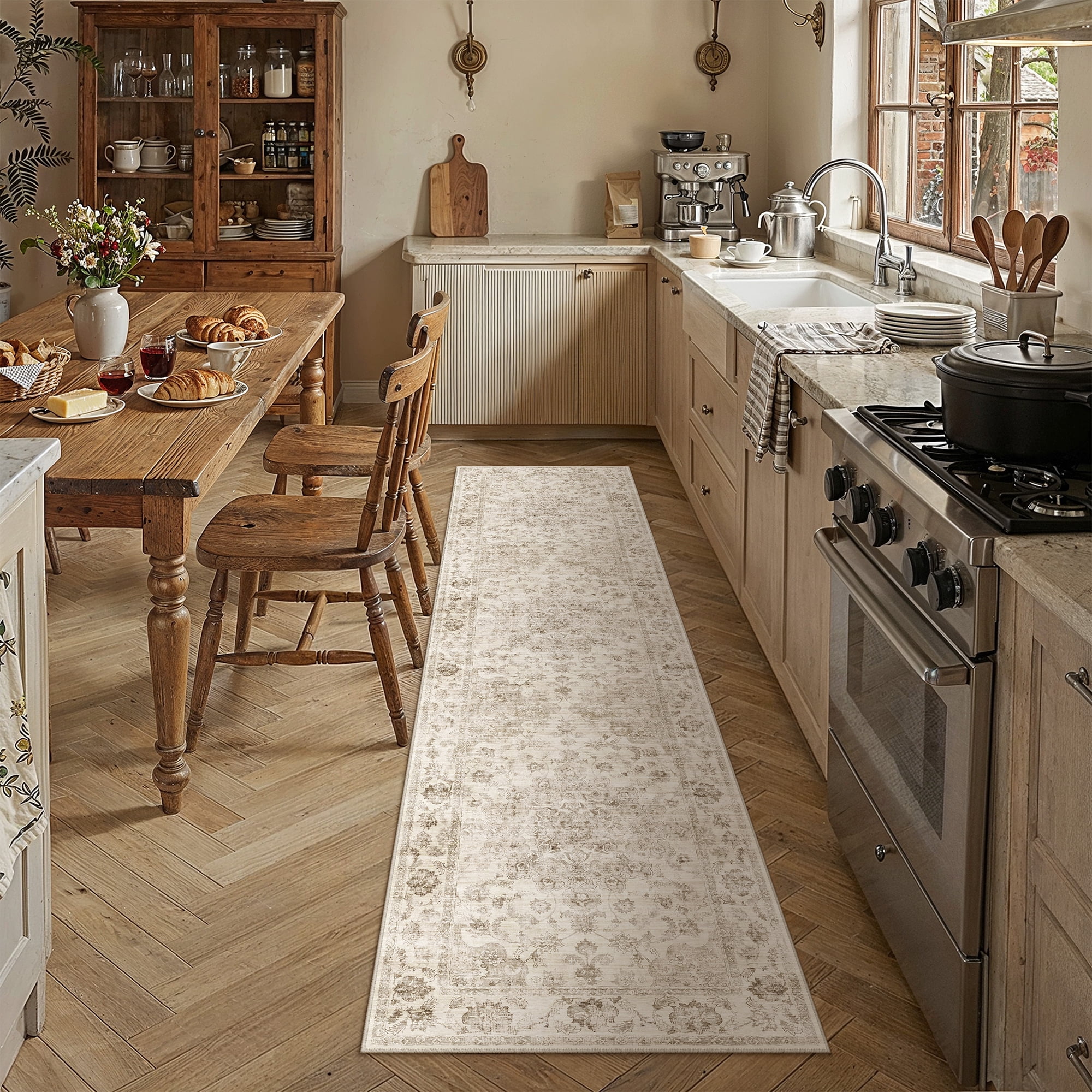 BERTHMEER 2'x8' Runner Rugs for Hallway Entryway Bathroom Bedroom Laundry Kitchen Non Skid Washable Beige Vintage Oriental Traditional Distressed Accent Runner Rugs