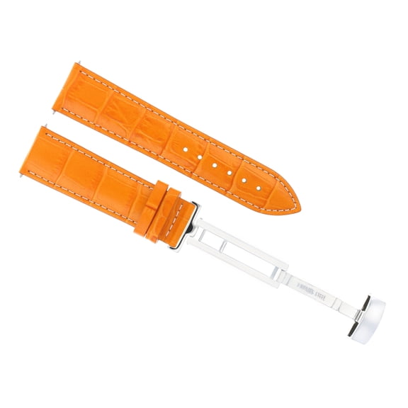 18mm Leather Watch Band Strap, Orange with White Stitching, Silver Buckle, Compatible With Invicta Diver Watch Deployment Clasp Orange