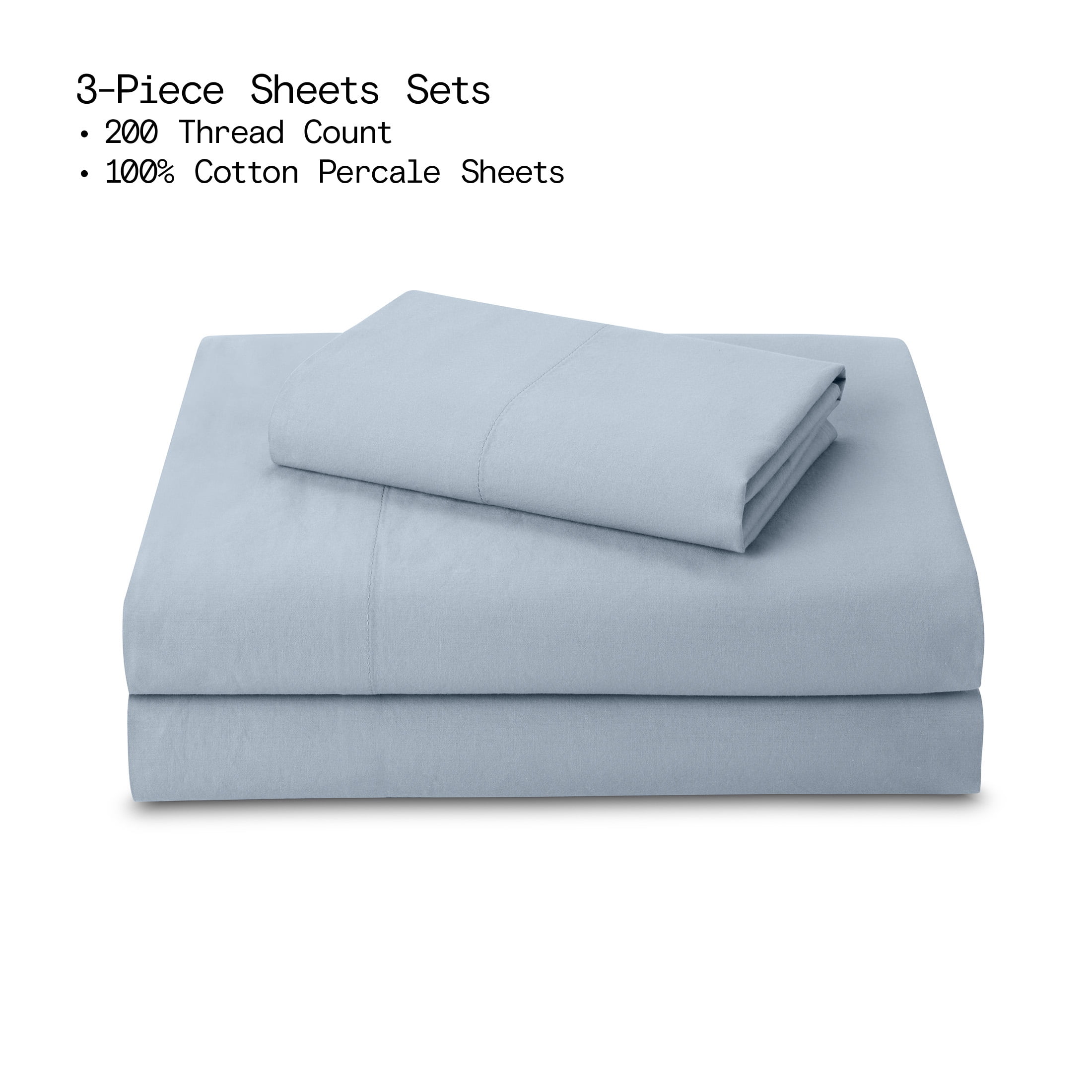 Beautiful by Drew Barrymore 3-Piece 100% Cotton Percale Sheet Set, Cornflower Blue, Twin