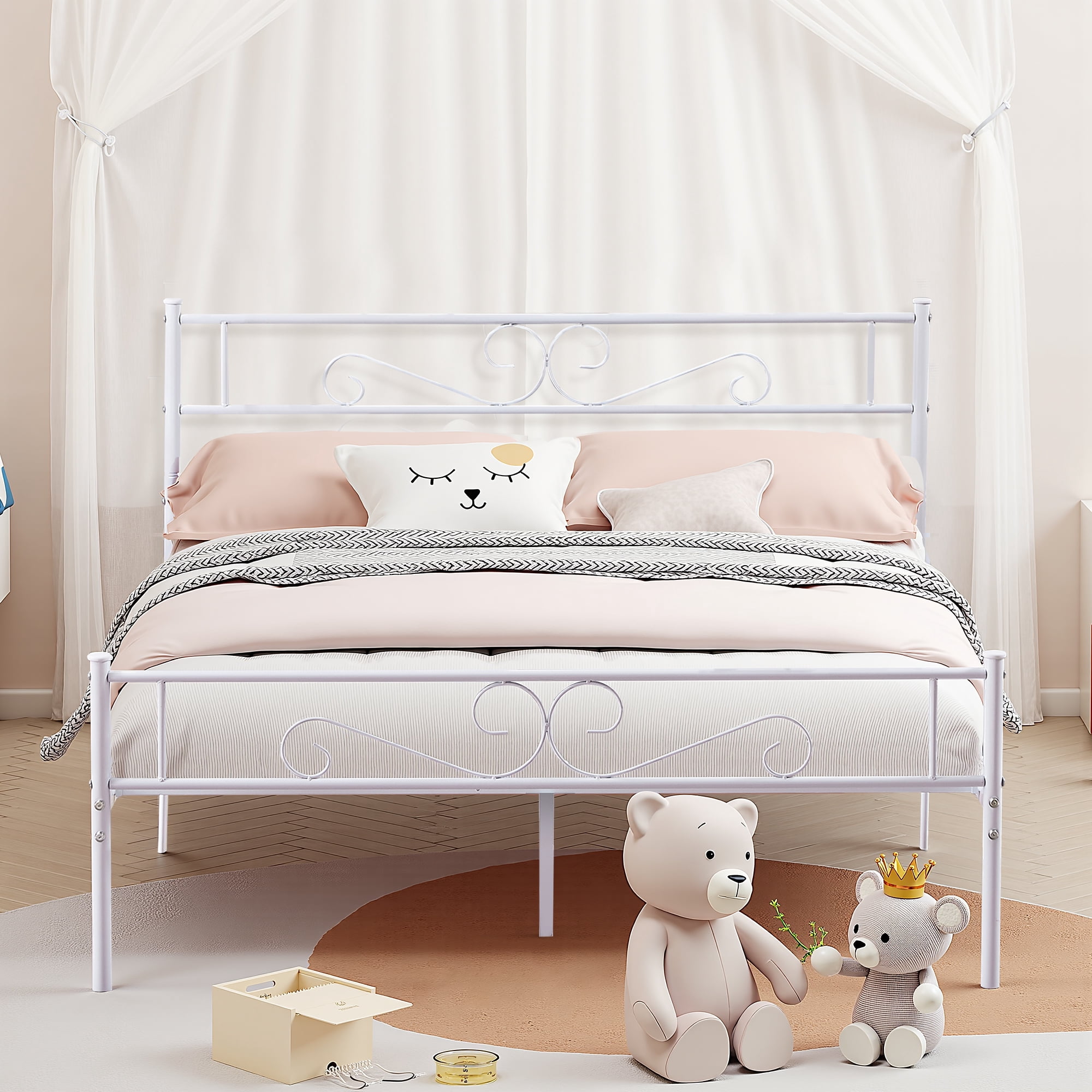 VECELO Full Size Bed Frame with Headboard, Metal Platform Bed Frame/Mattress Foundation, No Box Spring Needed, Easy Assembly, White