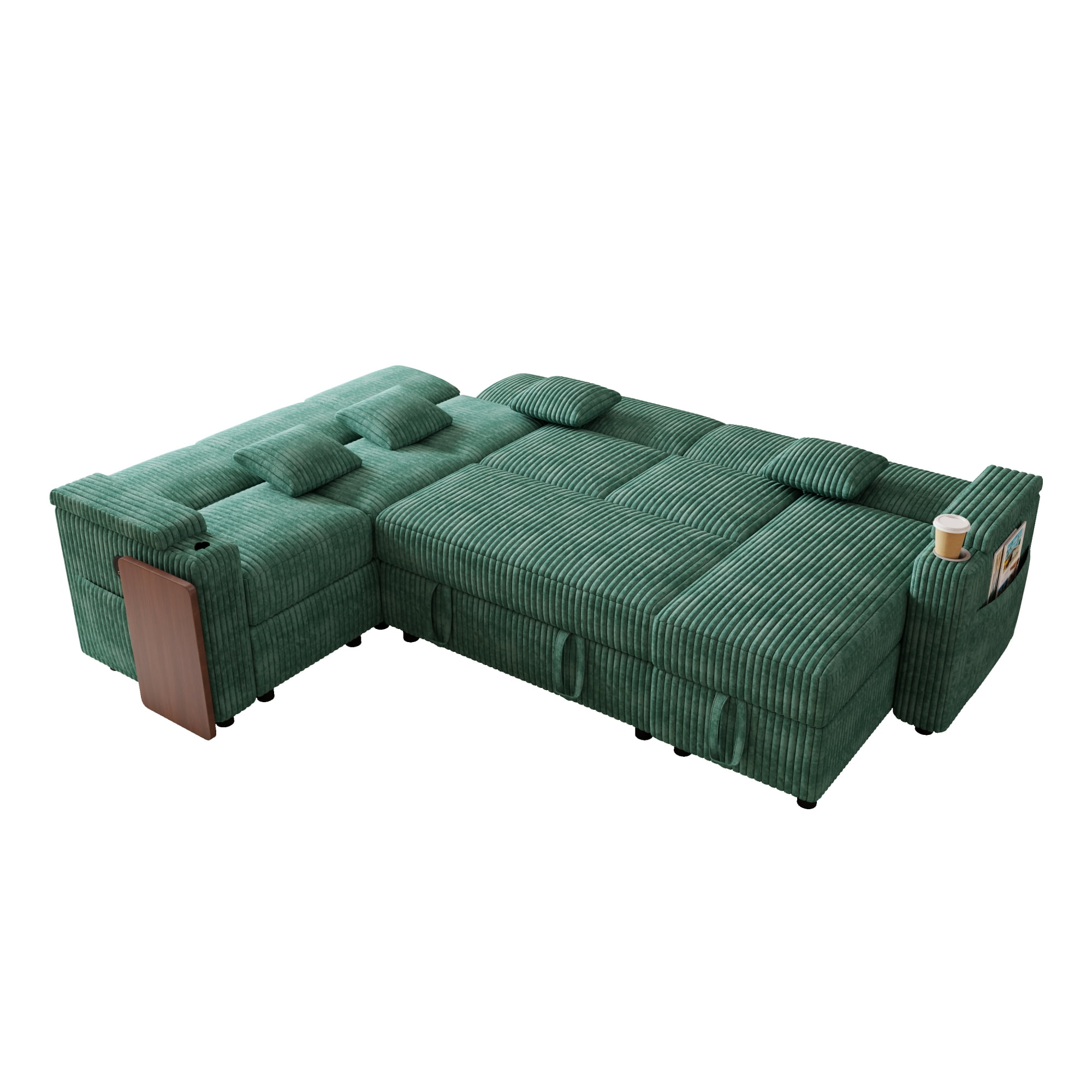 100" U-Shaped Sectional Sofa with Pull Out Bed, Storage Chaise and USB Port, Convertible Sleeper Sofa Bed Modular Sofa Couch with Laptop Table & Cup Holder for Living Room