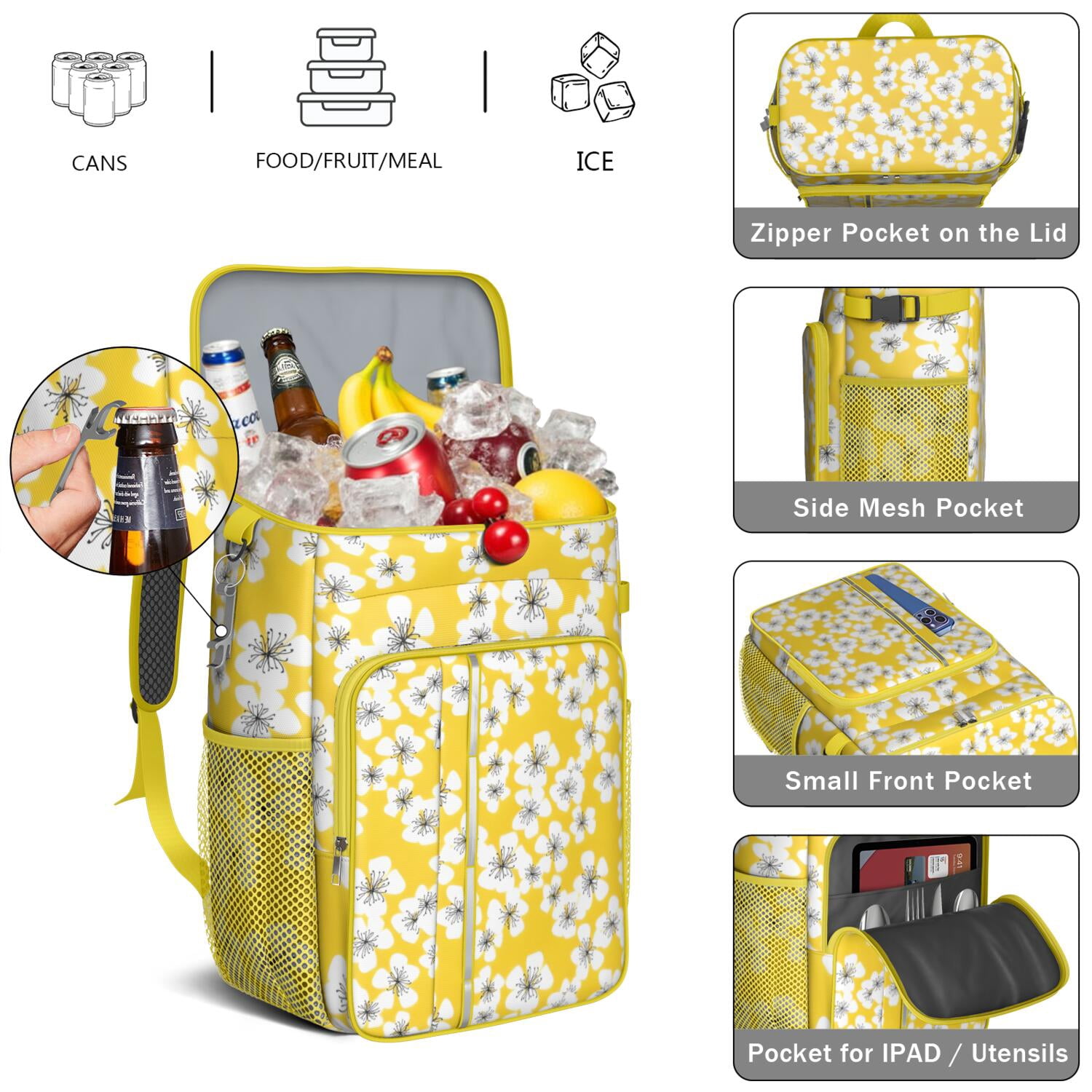 Travel Cooler Bag - Pioneer Flower Floral Print Pattern Camping Beer Cooler Backpack with Bottle Opener- Waterproof Insulated Picnic Backpacks - Cooler Bag for Beach