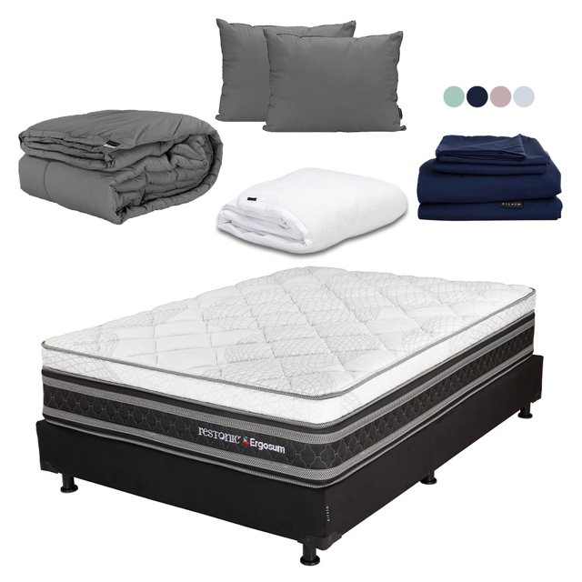Colchón Matrimonial Restonic Ergosum Box Almohadas 2Pack Protector de Colchón Sábanas Softy Edredón Homy