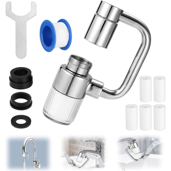 LSOF 1080 Swivel Faucet Extender with 5 Water Filters, Stainless Steel Rotatable Sink Aerator Attachment, Dual Mode Splash Filter Faucet for Bathroom Kitchen
